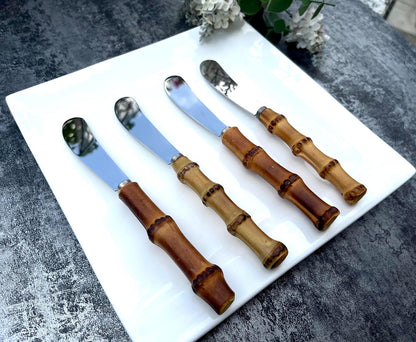 4 Pieces Set Butter knife, Pate Knife Cheese Spreader, Thick and Smooth blades, Strong Heavy for butter spreaders Home Restaurant Party breakfast (bamboo handle)