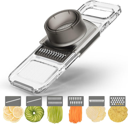 Transparent Multifunctional Mandoline Slicer - 6 Blades Interchangeable, Handheld Vegetable Cutter with Hand Guard for Kitchen, Onion, Garlic, Safe Food Slicer