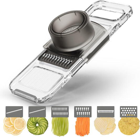 Transparent Multifunctional Mandoline Slicer - 6 Blades Interchangeable, Handheld Vegetable Cutter with Hand Guard for Kitchen, Onion, Garlic, Safe Food Slicer