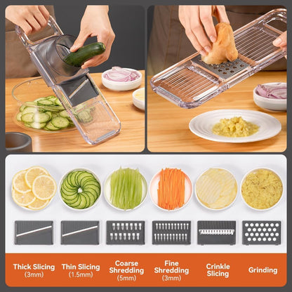 Transparent Multifunctional Mandoline Slicer - 6 Blades Interchangeable, Handheld Vegetable Cutter with Hand Guard for Kitchen, Onion, Garlic, Safe Food Slicer