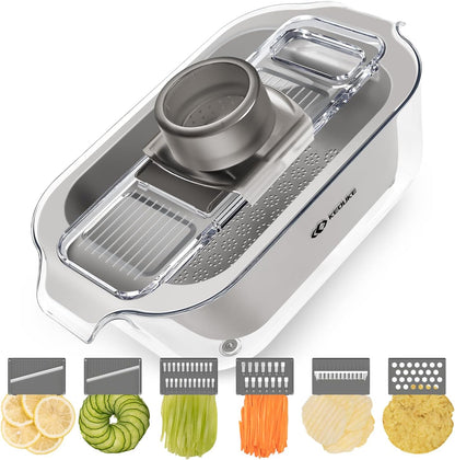 Transparent Multifunctional Mandoline Slicer - 6 Blades Interchangeable, Handheld Vegetable Cutter with Hand Guard for Kitchen, Onion, Garlic, Safe Food Slicer