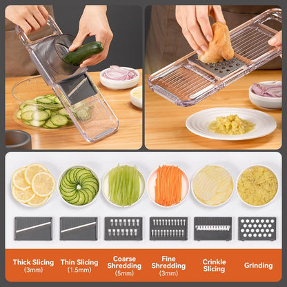 Transparent Multifunctional Mandoline Slicer - 6 Blades Interchangeable, Handheld Vegetable Cutter with Hand Guard for Kitchen, Onion, Garlic, Safe Food Slicer
