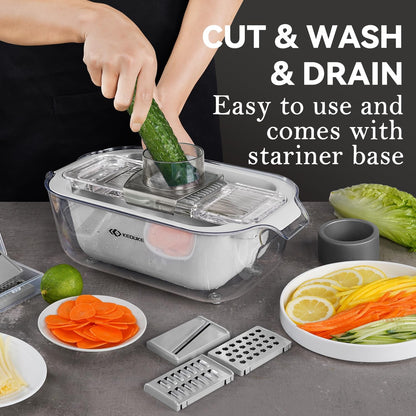 Transparent Multifunctional Mandoline Slicer - 6 Blades Interchangeable, Handheld Vegetable Cutter with Hand Guard for Kitchen, Onion, Garlic, Safe Food Slicer