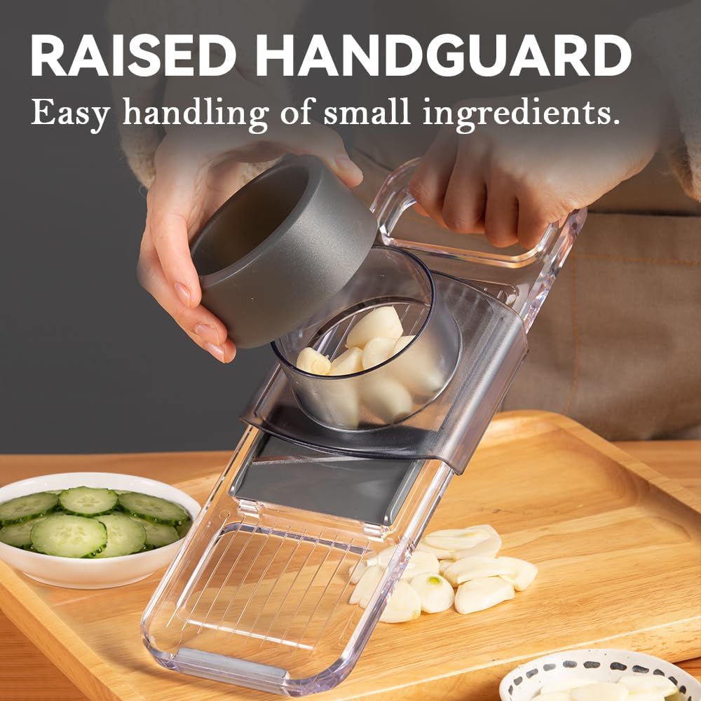 Transparent Multifunctional Mandoline Slicer - 6 Blades Interchangeable, Handheld Vegetable Cutter with Hand Guard for Kitchen, Onion, Garlic, Safe Food Slicer
