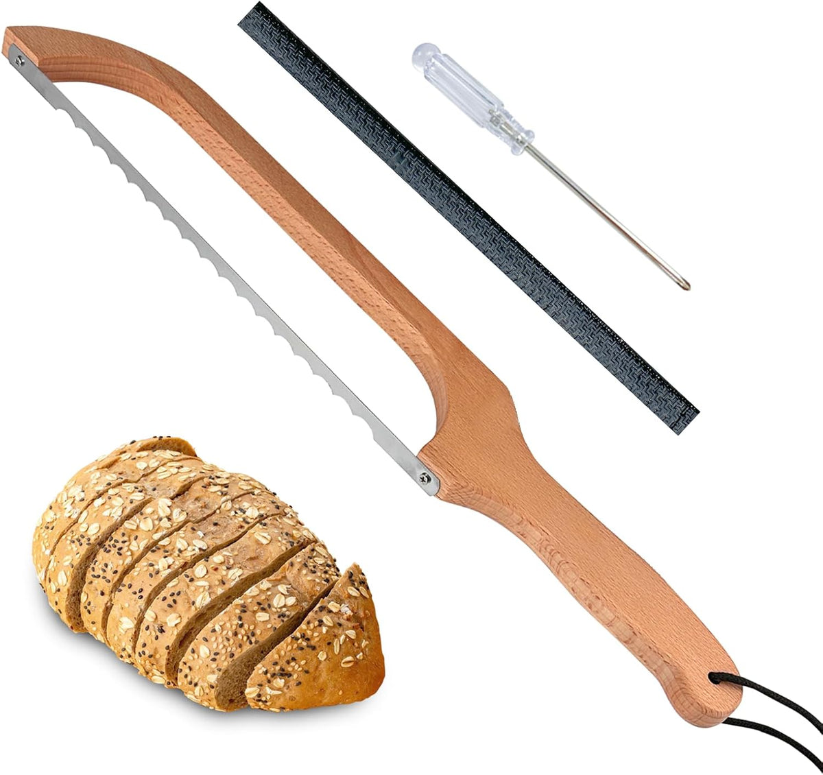 Bread Slicer for Homemade Bread, 16" Beech Wood Sourdough Knife | Thickened beech wood bow and serrated stainless steel blade slice homemade loaves, sourdough, bagels and baguettes evenly