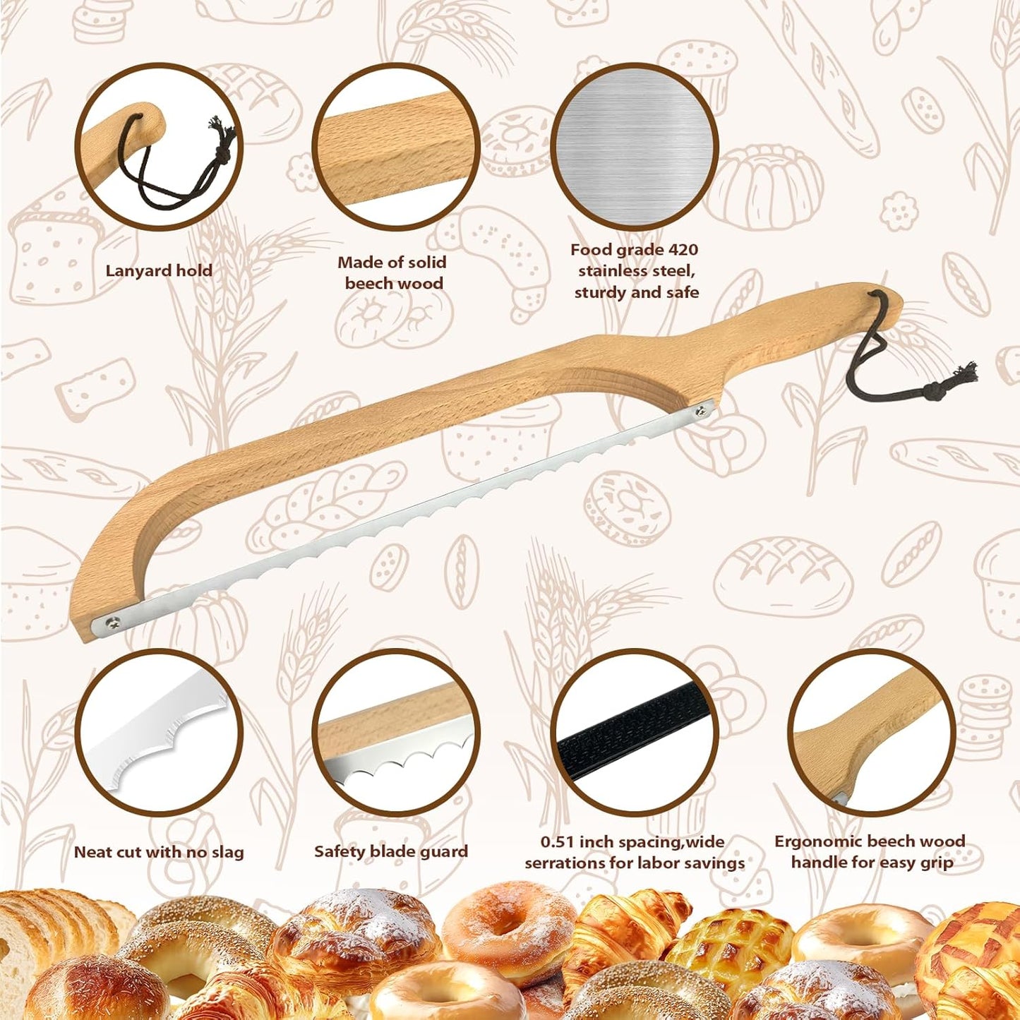 Bread Slicer for Homemade Bread, 16" Beech Wood Sourdough Knife | Thickened beech wood bow and serrated stainless steel blade slice homemade loaves, sourdough, bagels and baguettes evenly