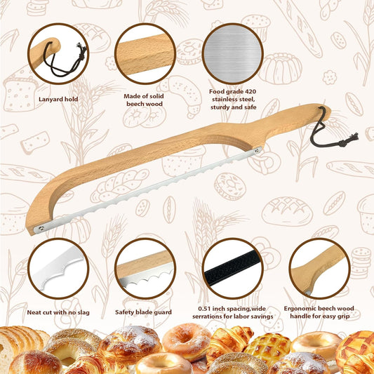 Bread Slicer for Homemade Bread, 16" Beech Wood Sourdough Knife | Thickened beech wood bow and serrated stainless steel blade slice homemade loaves, sourdough, bagels and baguettes evenly