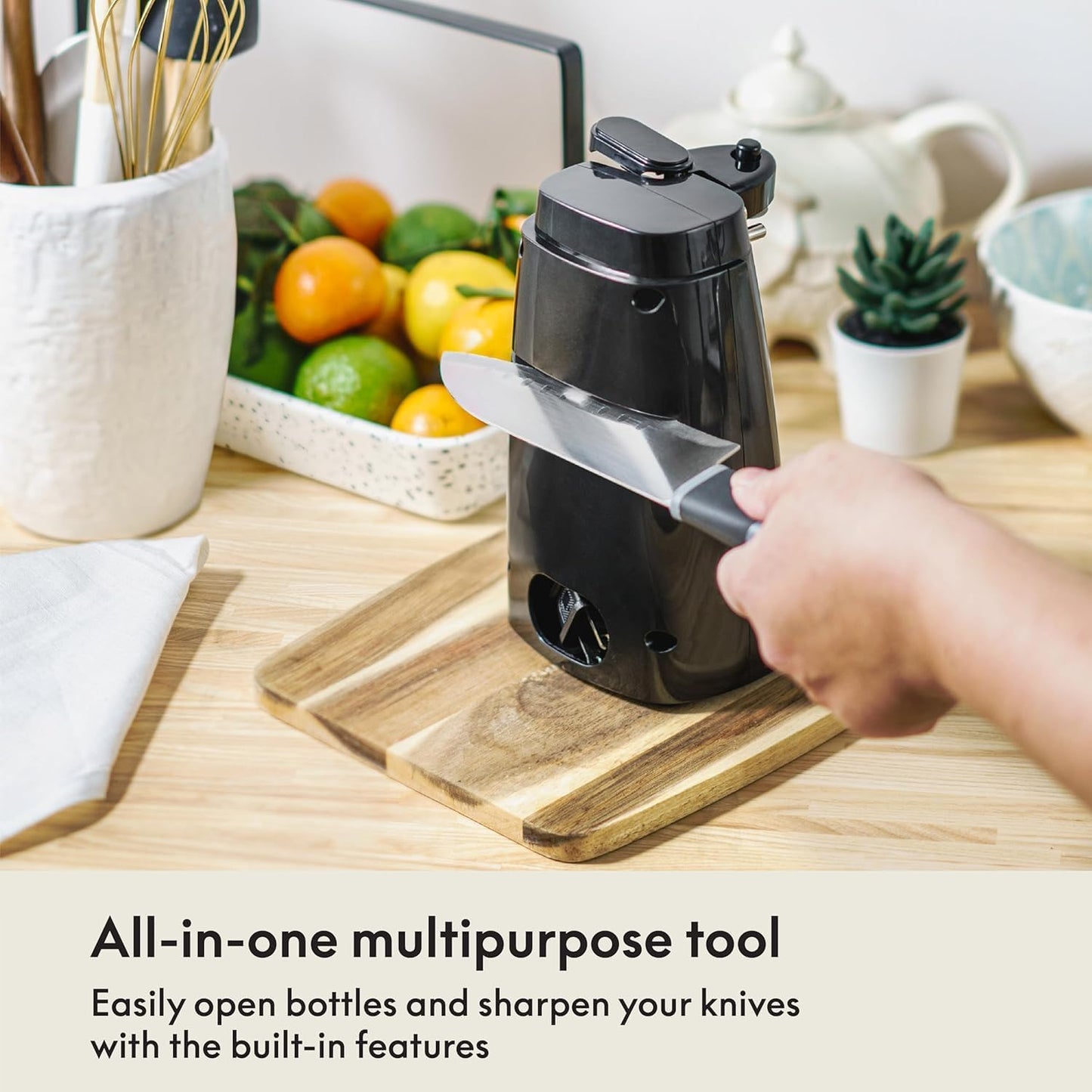 Electric Can Opener and Knife Sharpener, Removable Cutting Lever, Cord Storage, Stainless Steel Blade, Black