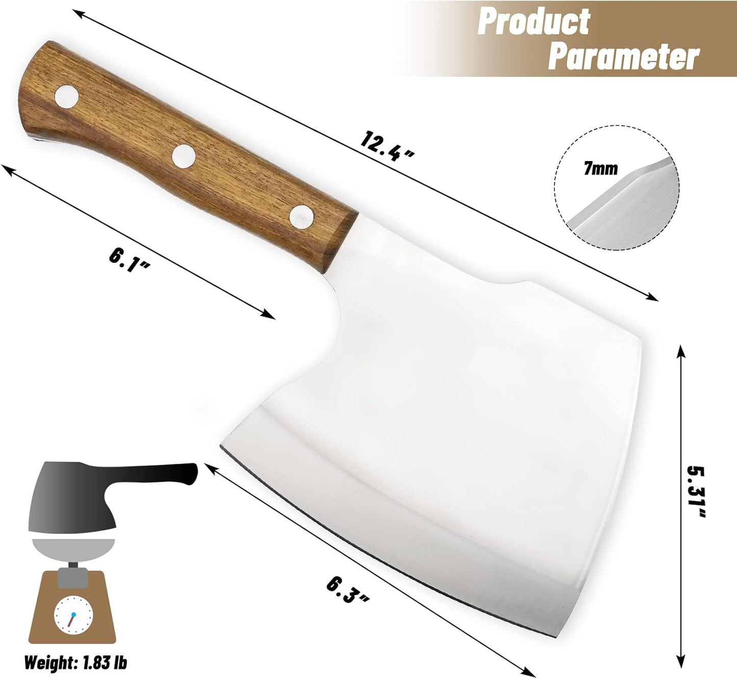 Meat Cleaver Knife, Butcher Axe Bone Chopper, Heavy Duty - 6.3'' Cutting Blade, BeefBone Breaker, Stainless Steel Thicken Blade & Full Tang Pear Wood Handle, for Kitchen/Slaughterhouse