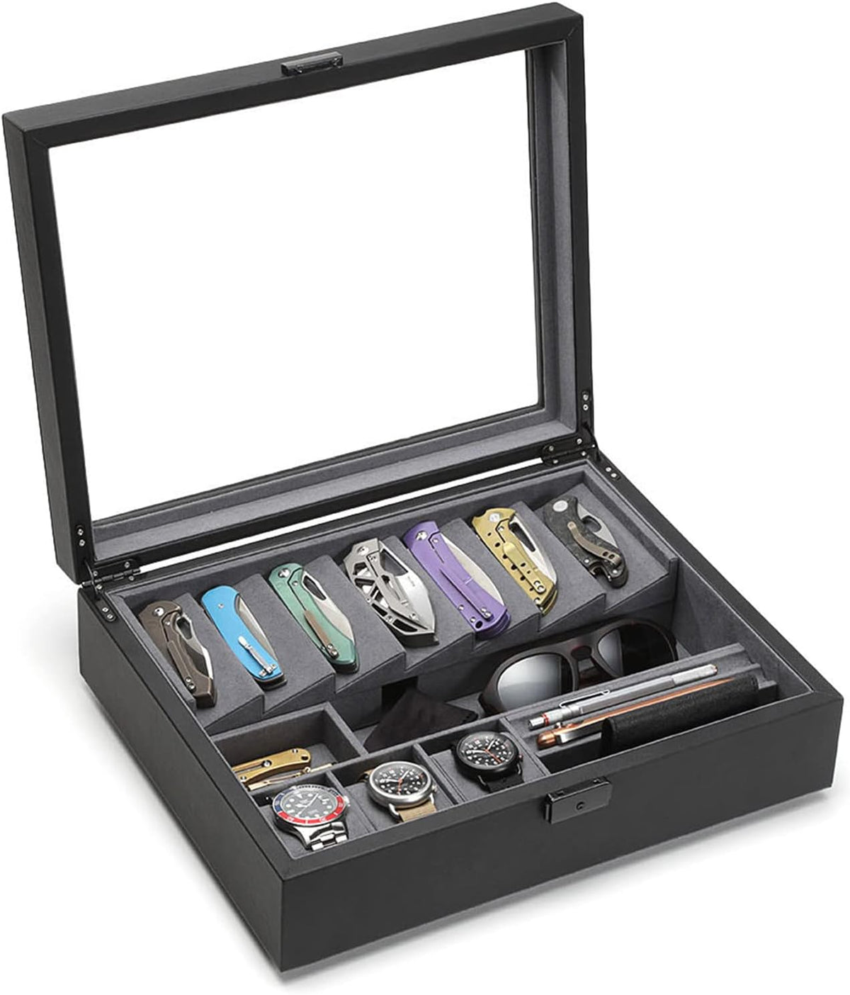 Cache Display Valet - EDC, Blade, Watch, and Jewelry Locking Storage Case, USB Pass-through, Microfiber Lining, Faux Leather, Stackable (Valet) Black