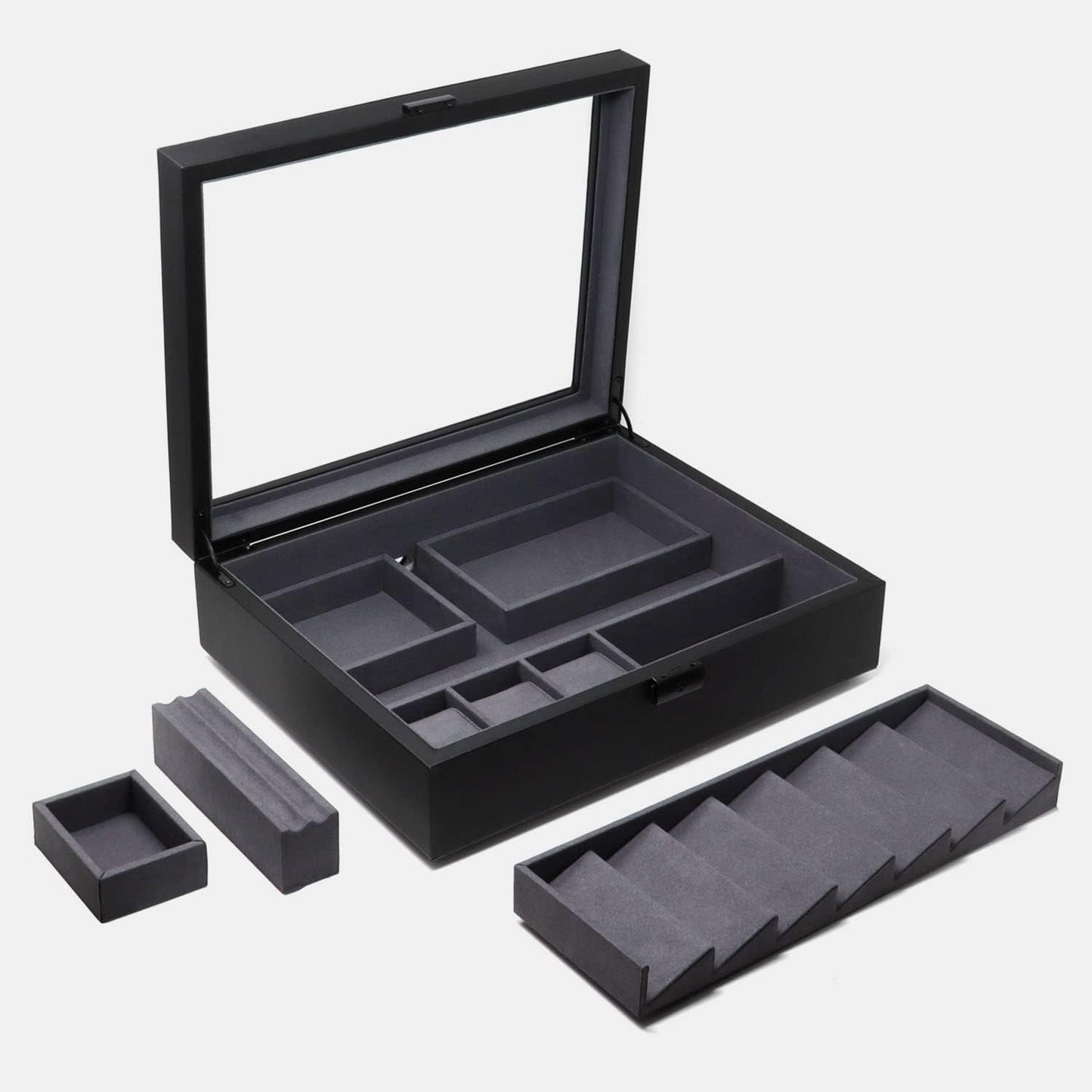Cache Display Valet - EDC, Blade, Watch, and Jewelry Locking Storage Case, USB Pass-through, Microfiber Lining, Faux Leather, Stackable (Valet) Black