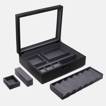 Cache Display Valet - EDC, Blade, Watch, and Jewelry Locking Storage Case, USB Pass-through, Microfiber Lining, Faux Leather, Stackable (Valet) Black