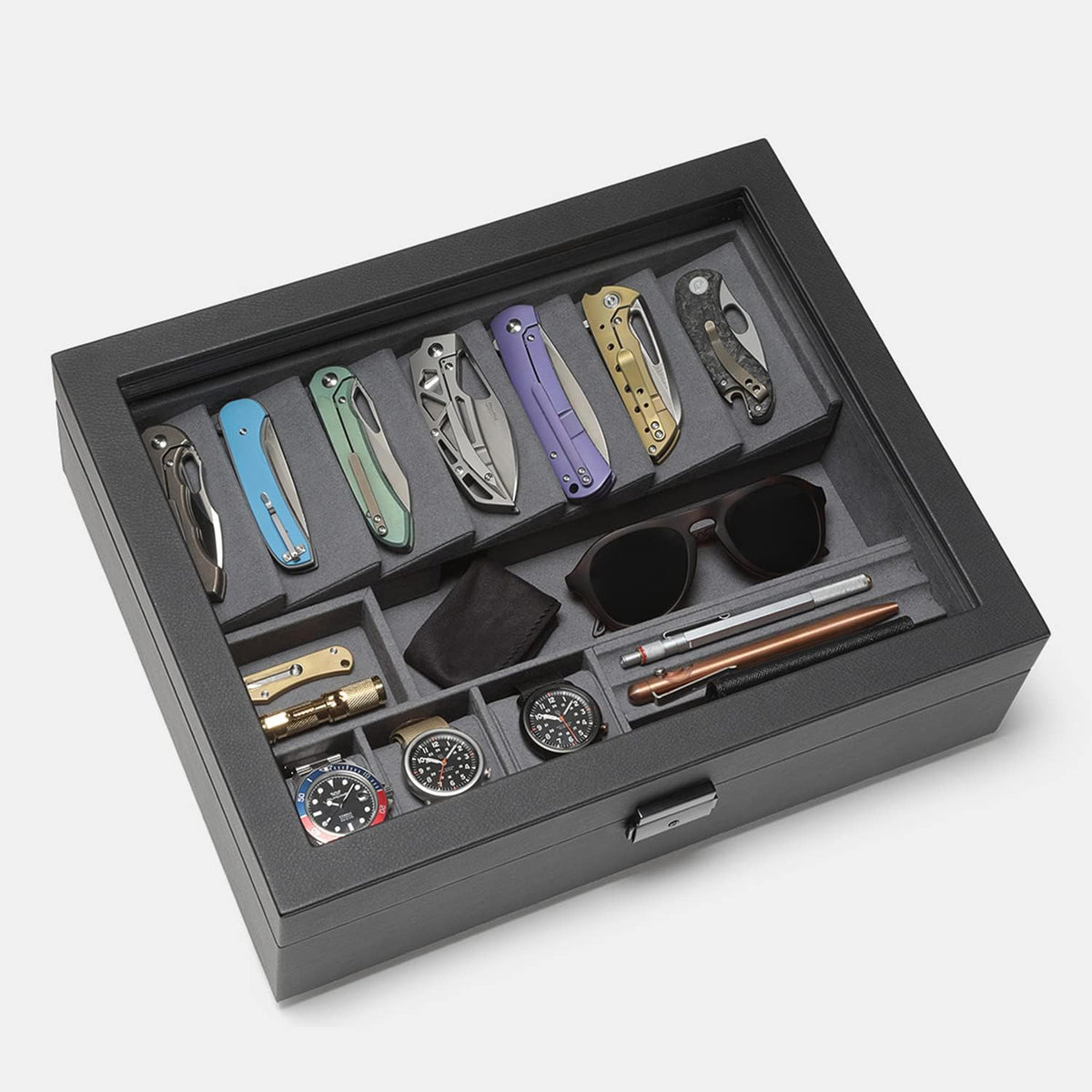 Cache Display Valet - EDC, Blade, Watch, and Jewelry Locking Storage Case, USB Pass-through, Microfiber Lining, Faux Leather, Stackable (Valet) Black