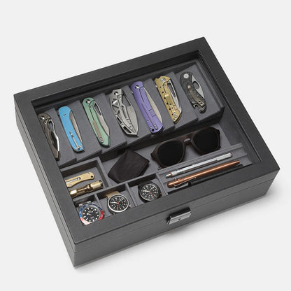 Cache Display Valet - EDC, Blade, Watch, and Jewelry Locking Storage Case, USB Pass-through, Microfiber Lining, Faux Leather, Stackable (Valet) Black
