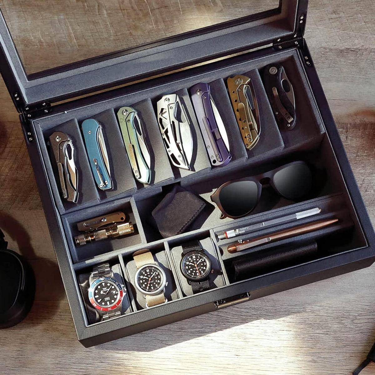 Cache Display Valet - EDC, Blade, Watch, and Jewelry Locking Storage Case, USB Pass-through, Microfiber Lining, Faux Leather, Stackable (Valet) Black