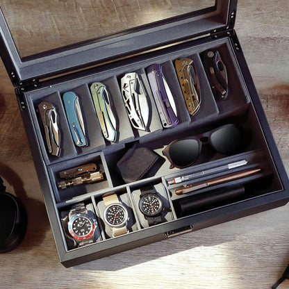 Cache Display Valet - EDC, Blade, Watch, and Jewelry Locking Storage Case, USB Pass-through, Microfiber Lining, Faux Leather, Stackable (Valet) Black