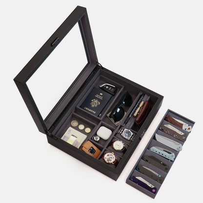 Cache Display Valet - EDC, Blade, Watch, and Jewelry Locking Storage Case, USB Pass-through, Microfiber Lining, Faux Leather, Stackable (Valet) Black