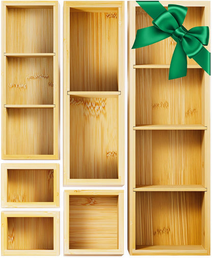 Bamboo Drawer Organizer Set, 6 PCS Desk Drawer Organizer Trays with 12 Compartments, Wood Storage Boxes for Junk Drawer, Kitchen Utensils, Office Supplies, Makeup, Jewelry, Bathroom