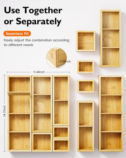 Bamboo Drawer Organizer Set, 6 PCS Desk Drawer Organizer Trays with 12 Compartments, Wood Storage Boxes for Junk Drawer, Kitchen Utensils, Office Supplies, Makeup, Jewelry, Bathroom