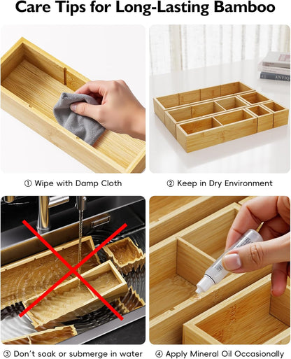 Bamboo Drawer Organizer Set, 6 PCS Desk Drawer Organizer Trays with 12 Compartments, Wood Storage Boxes for Junk Drawer, Kitchen Utensils, Office Supplies, Makeup, Jewelry, Bathroom