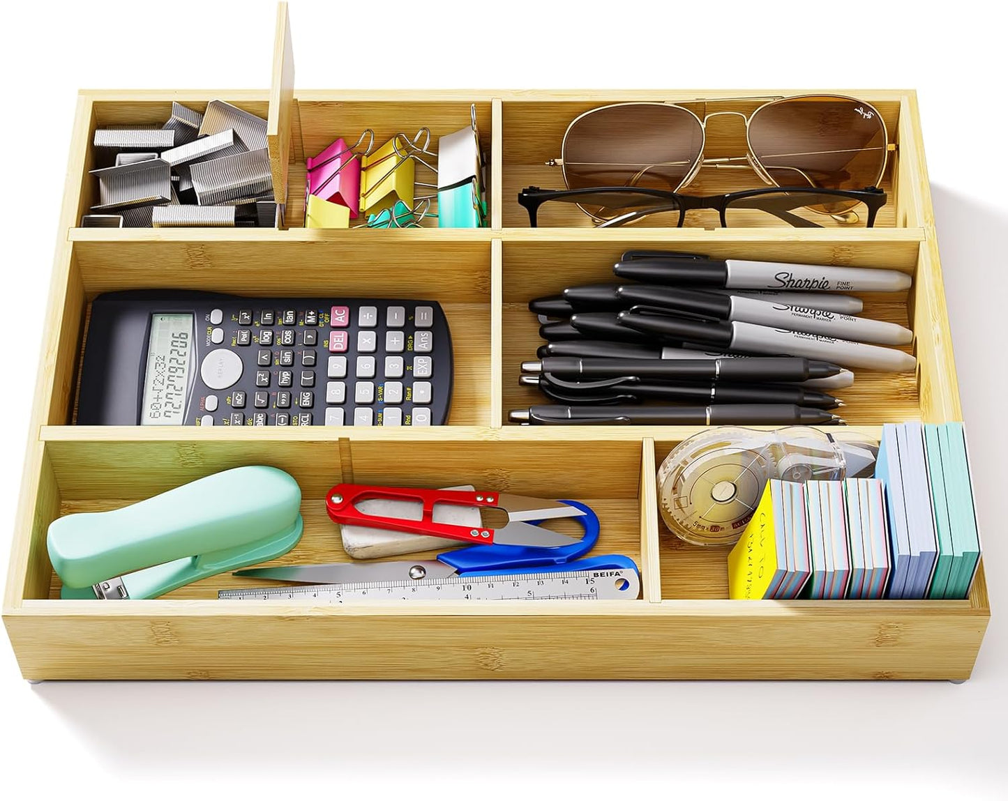 Bamboo Drawer Organizer Set, 6 PCS Desk Drawer Organizer Trays with 12 Compartments, Wood Storage Boxes for Junk Drawer, Kitchen Utensils, Office Supplies, Makeup, Jewelry, Bathroom