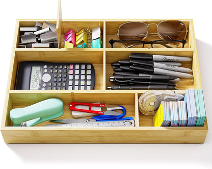 Bamboo Drawer Organizer Set, 6 PCS Desk Drawer Organizer Trays with 12 Compartments, Wood Storage Boxes for Junk Drawer, Kitchen Utensils, Office Supplies, Makeup, Jewelry, Bathroom