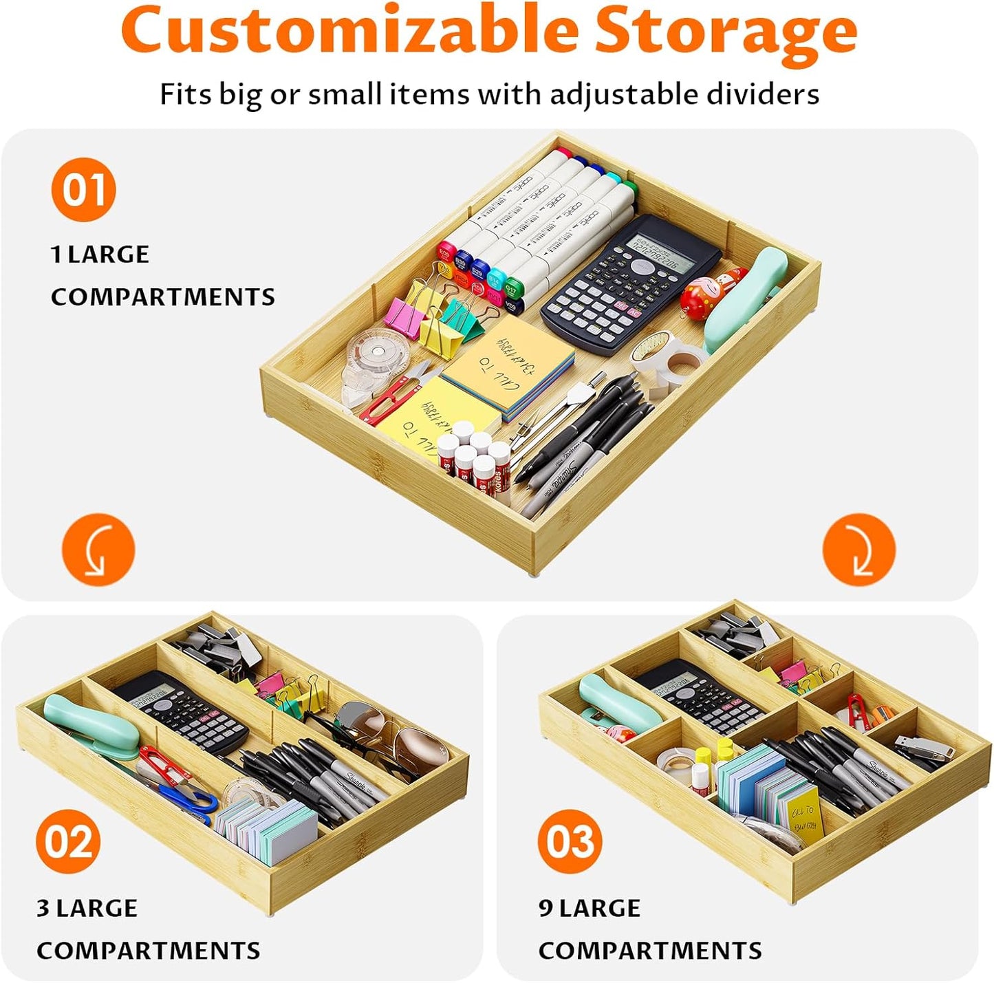 Bamboo Drawer Organizer Set, 6 PCS Desk Drawer Organizer Trays with 12 Compartments, Wood Storage Boxes for Junk Drawer, Kitchen Utensils, Office Supplies, Makeup, Jewelry, Bathroom