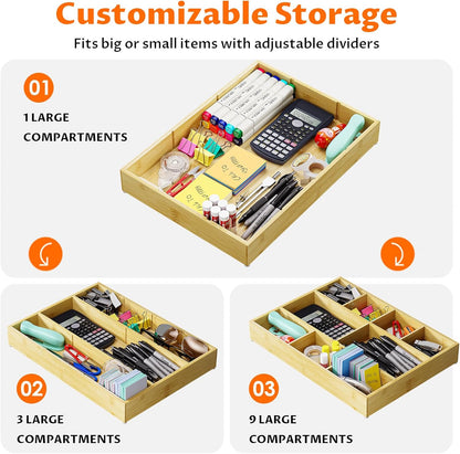 Bamboo Drawer Organizer Set, 6 PCS Desk Drawer Organizer Trays with 12 Compartments, Wood Storage Boxes for Junk Drawer, Kitchen Utensils, Office Supplies, Makeup, Jewelry, Bathroom