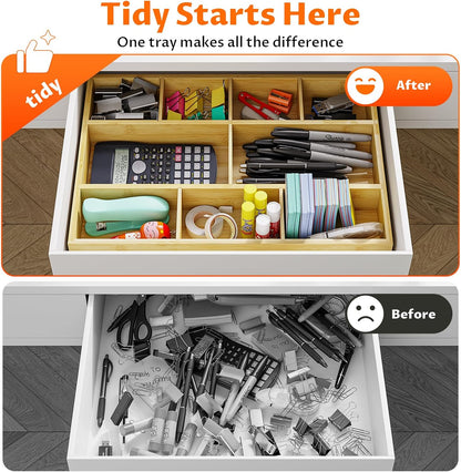 Bamboo Drawer Organizer Set, 6 PCS Desk Drawer Organizer Trays with 12 Compartments, Wood Storage Boxes for Junk Drawer, Kitchen Utensils, Office Supplies, Makeup, Jewelry, Bathroom