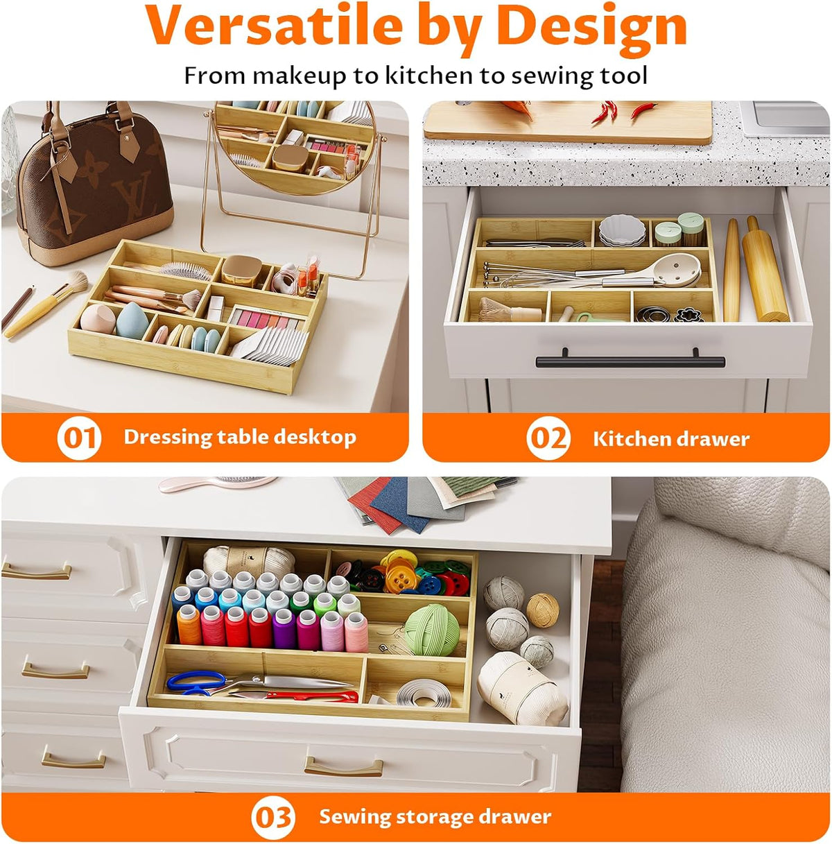 Bamboo Drawer Organizer Set, 6 PCS Desk Drawer Organizer Trays with 12 Compartments, Wood Storage Boxes for Junk Drawer, Kitchen Utensils, Office Supplies, Makeup, Jewelry, Bathroom