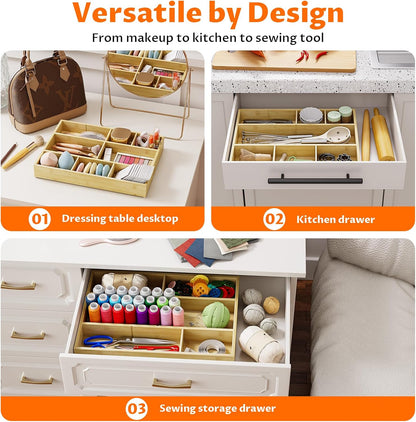 Bamboo Drawer Organizer Set, 6 PCS Desk Drawer Organizer Trays with 12 Compartments, Wood Storage Boxes for Junk Drawer, Kitchen Utensils, Office Supplies, Makeup, Jewelry, Bathroom
