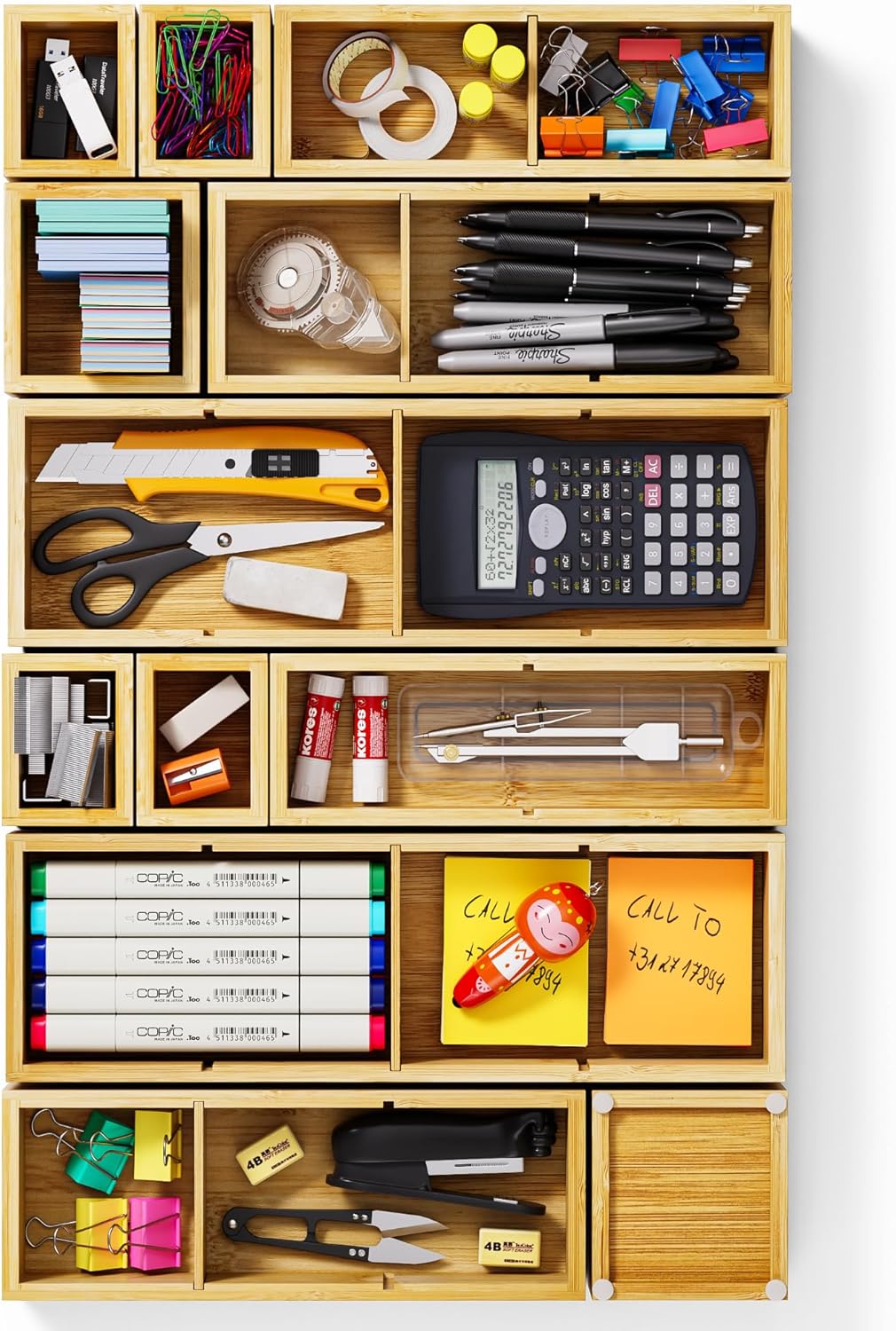 Bamboo Drawer Organizer Set, 6 PCS Desk Drawer Organizer Trays with 12 Compartments, Wood Storage Boxes for Junk Drawer, Kitchen Utensils, Office Supplies, Makeup, Jewelry, Bathroom