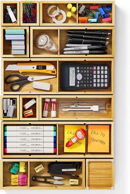 Bamboo Drawer Organizer Set, 6 PCS Desk Drawer Organizer Trays with 12 Compartments, Wood Storage Boxes for Junk Drawer, Kitchen Utensils, Office Supplies, Makeup, Jewelry, Bathroom