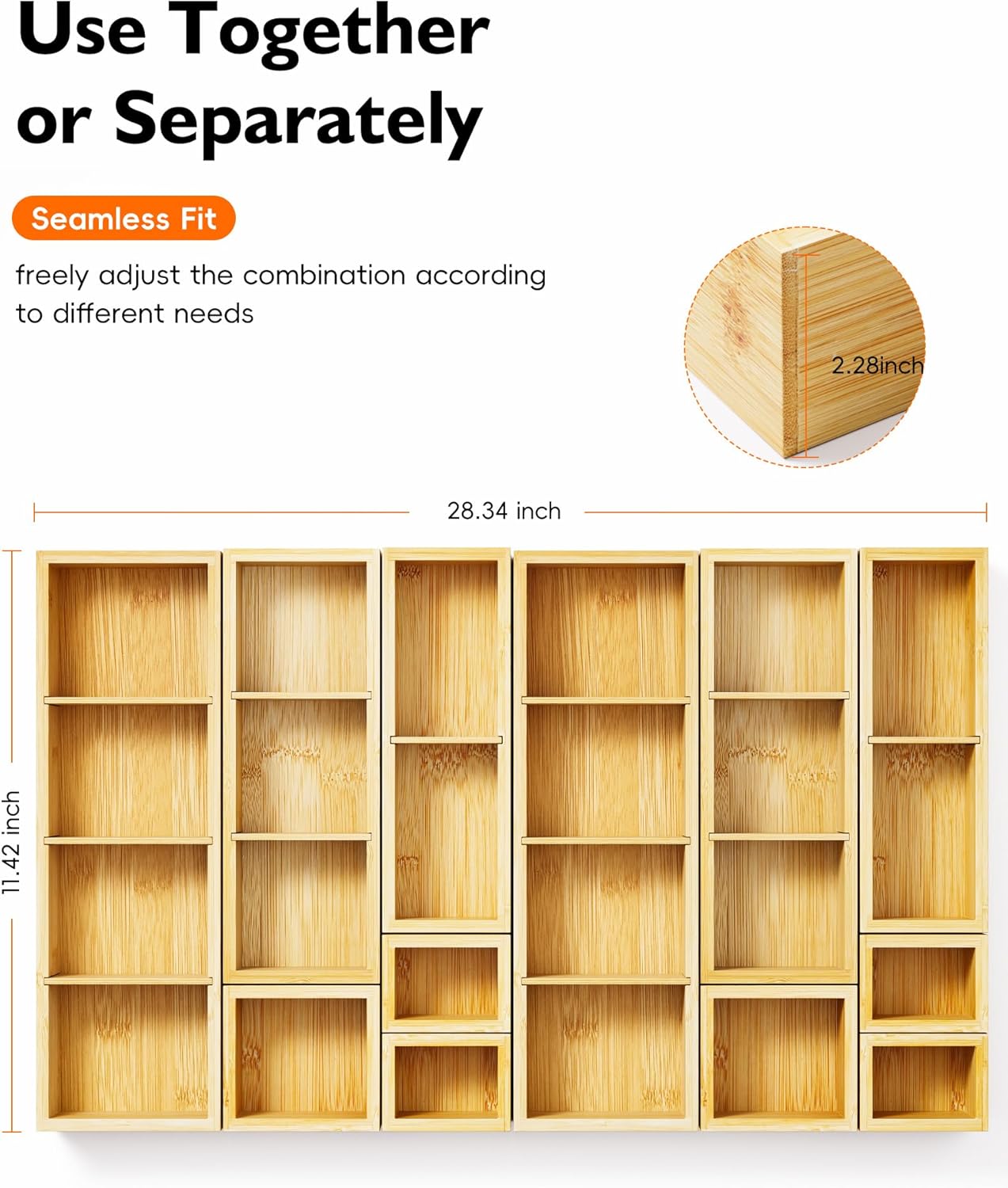Bamboo Drawer Organizer Set, 6 PCS Desk Drawer Organizer Trays with 12 Compartments, Wood Storage Boxes for Junk Drawer, Kitchen Utensils, Office Supplies, Makeup, Jewelry, Bathroom