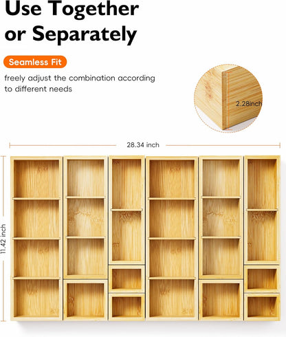 Bamboo Drawer Organizer Set, 6 PCS Desk Drawer Organizer Trays with 12 Compartments, Wood Storage Boxes for Junk Drawer, Kitchen Utensils, Office Supplies, Makeup, Jewelry, Bathroom
