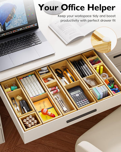 Bamboo Drawer Organizer Set, 6 PCS Desk Drawer Organizer Trays with 12 Compartments, Wood Storage Boxes for Junk Drawer, Kitchen Utensils, Office Supplies, Makeup, Jewelry, Bathroom