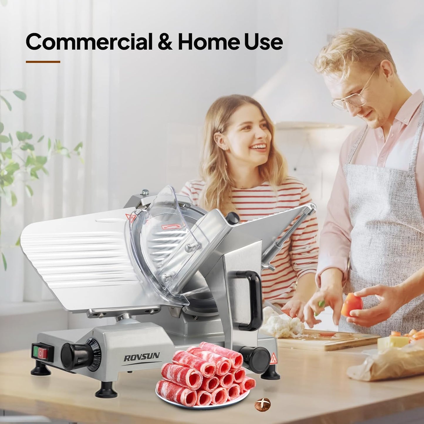 10inch Commercial Meat Slicer, 300W Electric Deli Food Slicer with Premium Chromium-plated Steel Blade, 0-12 mm Adjustable Thickness, ETL Certified for Frozen Meat Ham Baguett Steak, Silver