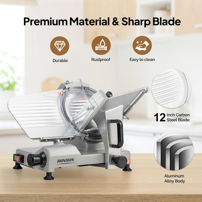 10inch Commercial Meat Slicer, 300W Electric Deli Food Slicer with Premium Chromium-plated Steel Blade, 0-12 mm Adjustable Thickness, ETL Certified for Frozen Meat Ham Baguett Steak, Silver