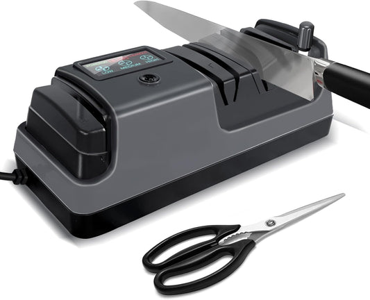 Electric Knife Sharpener, 5 in 1 Multifunctional 3-Speed Variable Professional Knife Sharpener with LCD Screen for Straight, Serrated, Meat Cleaver, Ceramic Knives, Scissors & Axes, Gray