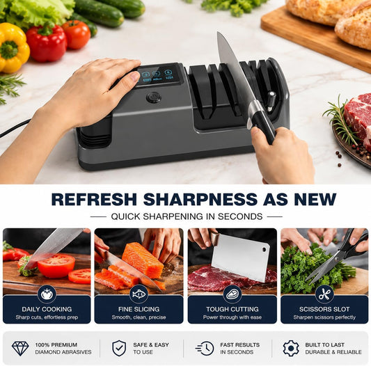 Electric Knife Sharpener, 5 in 1 Multifunctional 3-Speed Variable Professional Knife Sharpener with LCD Screen for Straight, Serrated, Meat Cleaver, Ceramic Knives, Scissors & Axes, Gray