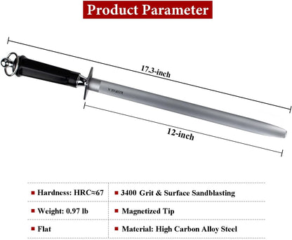 Sharpening Steel Knife Sharpener Rod Flat 12 Inches Honing Steel for Knives Dark