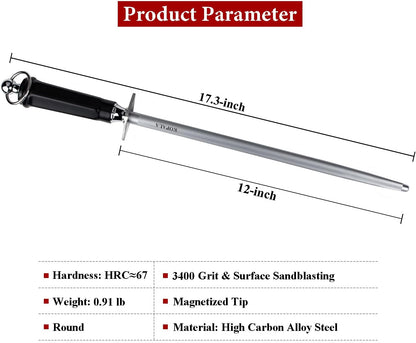 Sharpening Steel Knife Sharpener Rod Flat 12 Inches Honing Steel for Knives Dark