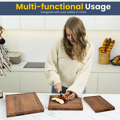 Wood Cutting Boards for Kitchen - Set of 3, Wooden Cutting Board Set with Holder for Chopping Meat, Cheese, Fruits, Vegetables, Knife Friendly Serving Tray