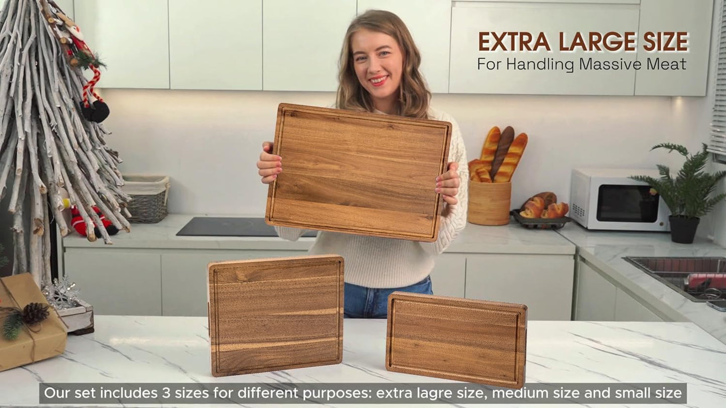 Wood Cutting Boards for Kitchen - Set of 3, Wooden Cutting Board Set with Holder for Chopping Meat, Cheese, Fruits, Vegetables, Knife Friendly Serving Tray