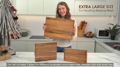 Wood Cutting Boards for Kitchen - Set of 3, Wooden Cutting Board Set with Holder for Chopping Meat, Cheese, Fruits, Vegetables, Knife Friendly Serving Tray