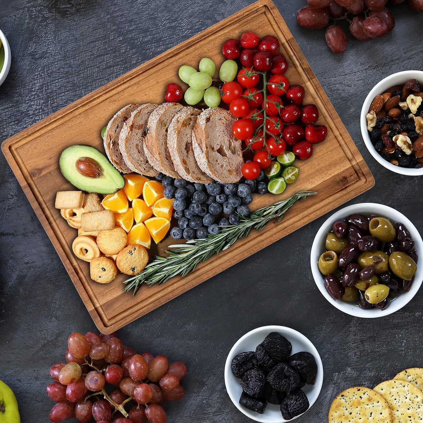 Wood Cutting Boards for Kitchen - Set of 3, Wooden Cutting Board Set with Holder for Chopping Meat, Cheese, Fruits, Vegetables, Knife Friendly Serving Tray