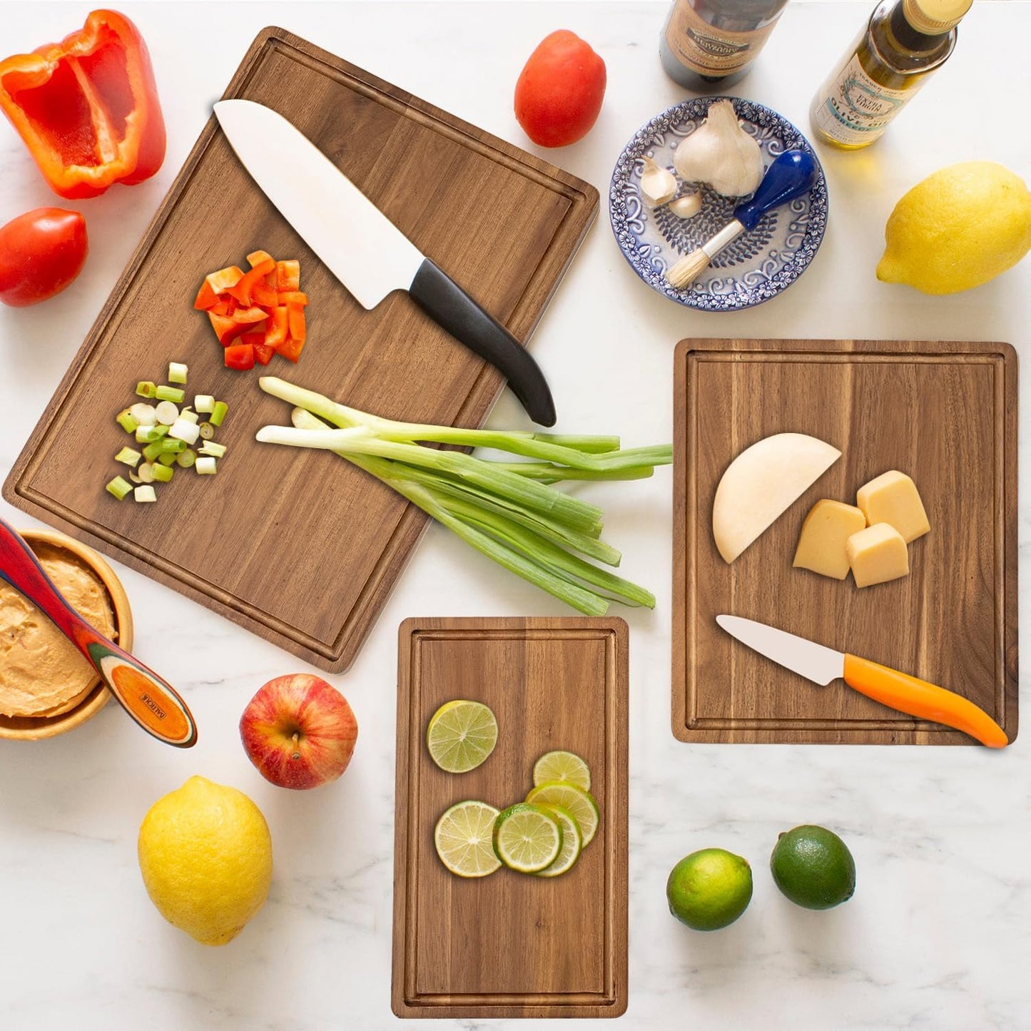 Wood Cutting Boards for Kitchen - Set of 3, Wooden Cutting Board Set with Holder for Chopping Meat, Cheese, Fruits, Vegetables, Knife Friendly Serving Tray