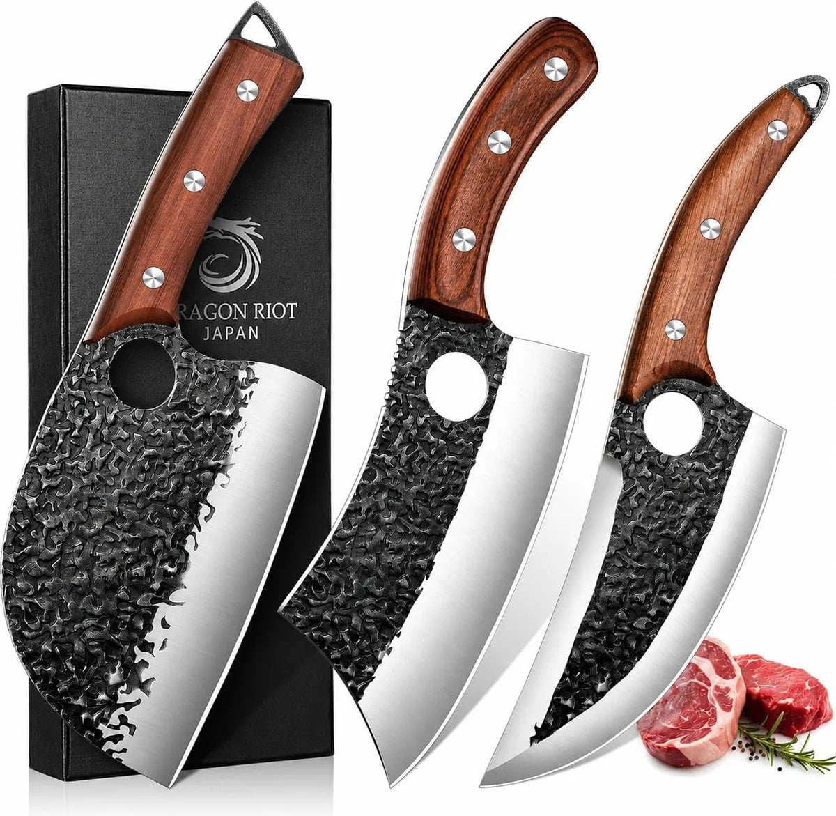 Professional Butcher Knife Set for Meat Processing, High Carbon Steel Hand Forged Serbian Cleaver Chef Knife Set with Ergonomic Handles for Kitchen Outdoor Cooking