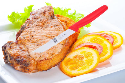 4.25 Inch Serrated Edge Steak Knife, High Carbon German Stainless Steel Razor Sharp Blade, Textured Non-Slip Red Polypropylene Handle