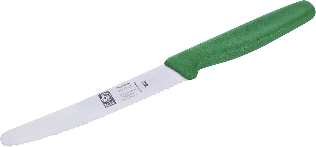 4.25 Inch Serrated Edge Steak Knife, High Carbon German Stainless Steel Razor Sharp Blade, Textured Non-Slip Red Polypropylene Handle